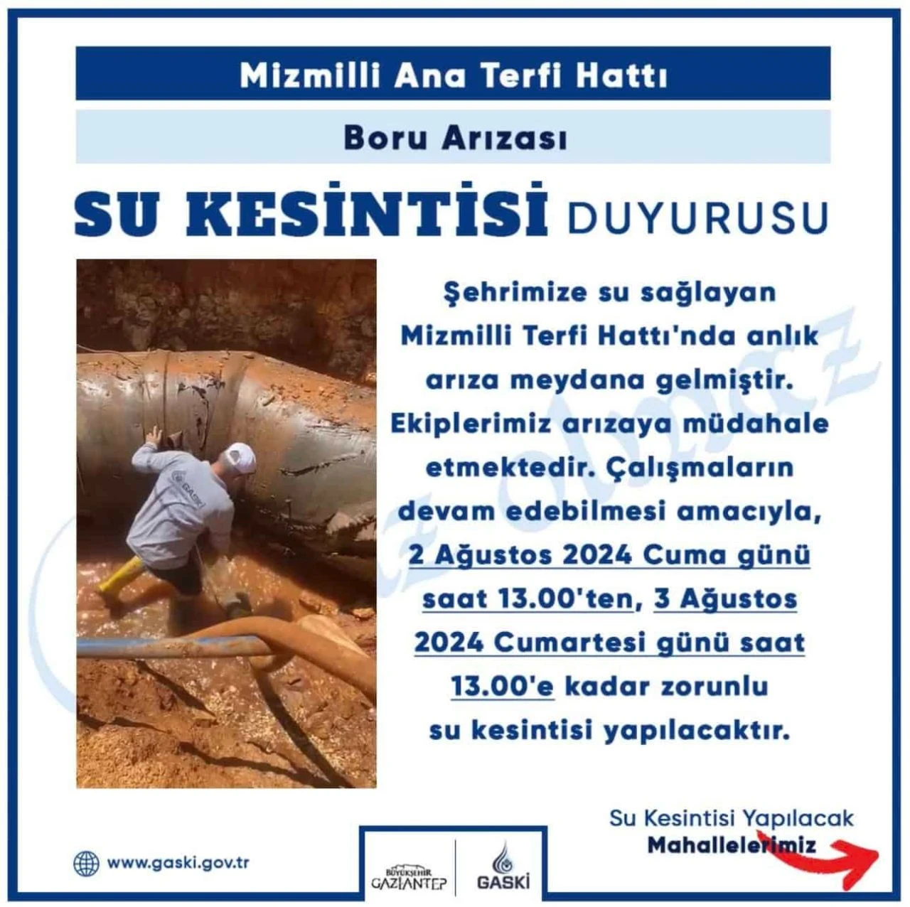 Bugün sabah saatlerinde başlayan Gaziantep su kesintisi yarın 13.00’e kadar devam edecek