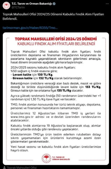 TMO tarafından Giresun ve Levant kalite 2024 fındık alım fiyatları ve destekleri açıklandı - 2. Resim