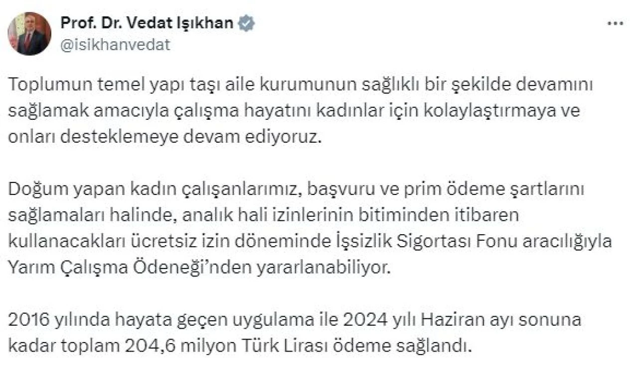 Yarım çalışma ödeneği ile çalışan annelere 204,6 milyon lira yatırıldı - 1. Resim