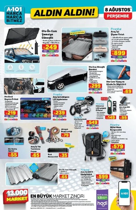A101 8 Ağustos aktüel kataloğunda araç içi şişme yatak, masa takımı, valiz çeşitleri ve küçük ev aletleri gibi birçok ürün yer alıyor