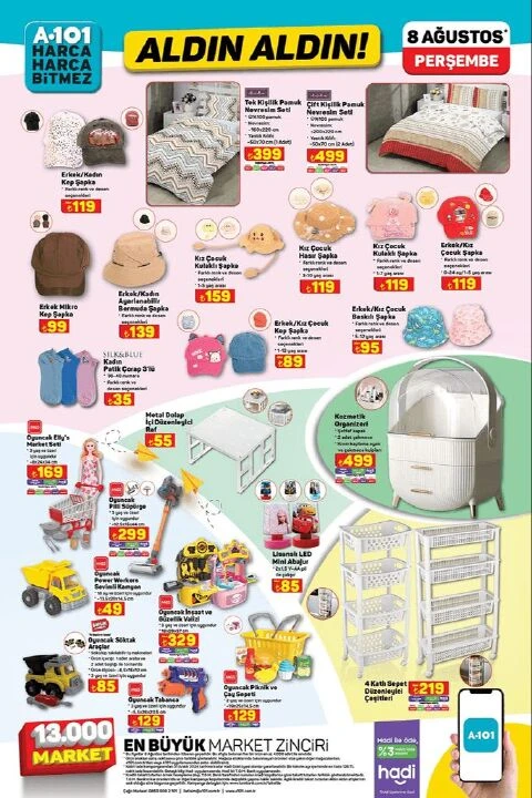 A101 8 Ağustos aktüel kataloğunda araç içi şişme yatak, masa takımı, valiz çeşitleri ve küçük ev aletleri gibi birçok ürün yer alıyor