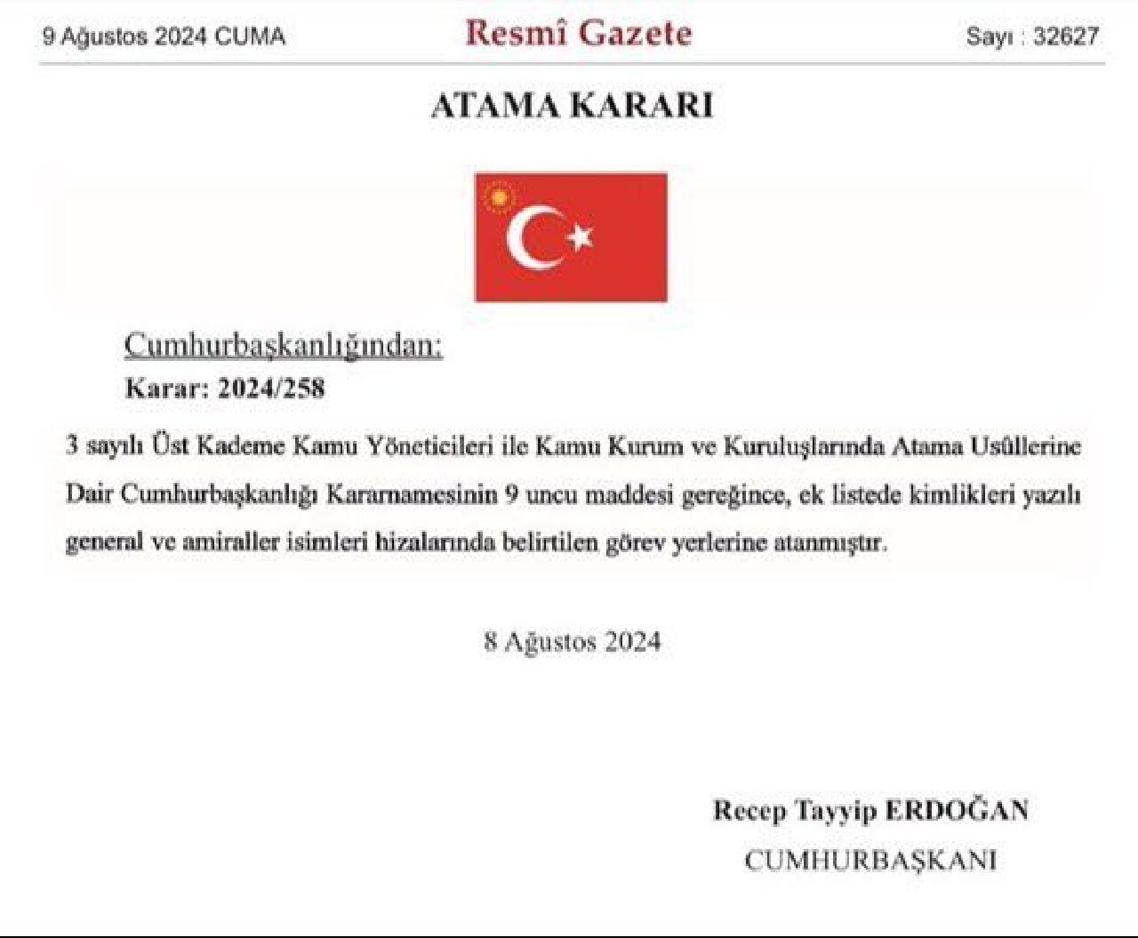 Son Dakika | Cumhurbaşkanı Erdoğan'ın imzasıyla general ve amiral atamaları yayımlandı - 1. Resim