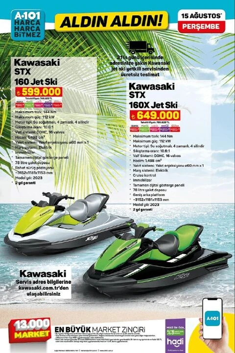 A101 15 Ağustos aktüel kataloğunda Kawasaki Jet Ski, çekme karavan, tiny house ve onlarca ürün satışa çıkıyor!