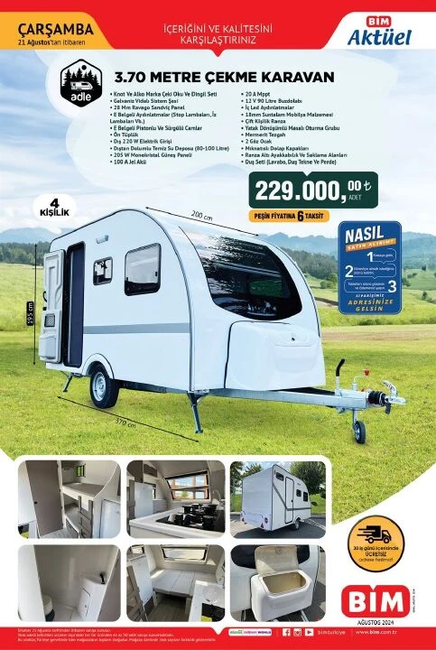 BİM 21 Ağustos aktüel kataloğunda kuş tüyü tek kişilik yatak, torba yaylı çift kişilik yatak ve 3.70 metre çekme karavan yer alıyor