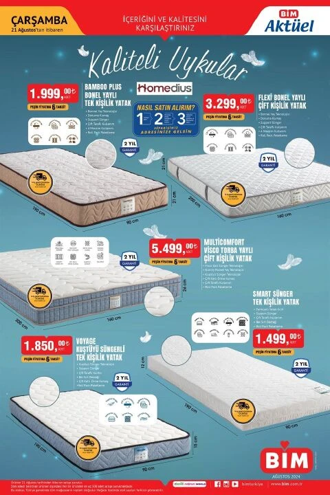 BİM 21 Ağustos aktüel kataloğunda kuş tüyü tek kişilik yatak, torba yaylı çift kişilik yatak ve 3.70 metre çekme karavan yer alıyor