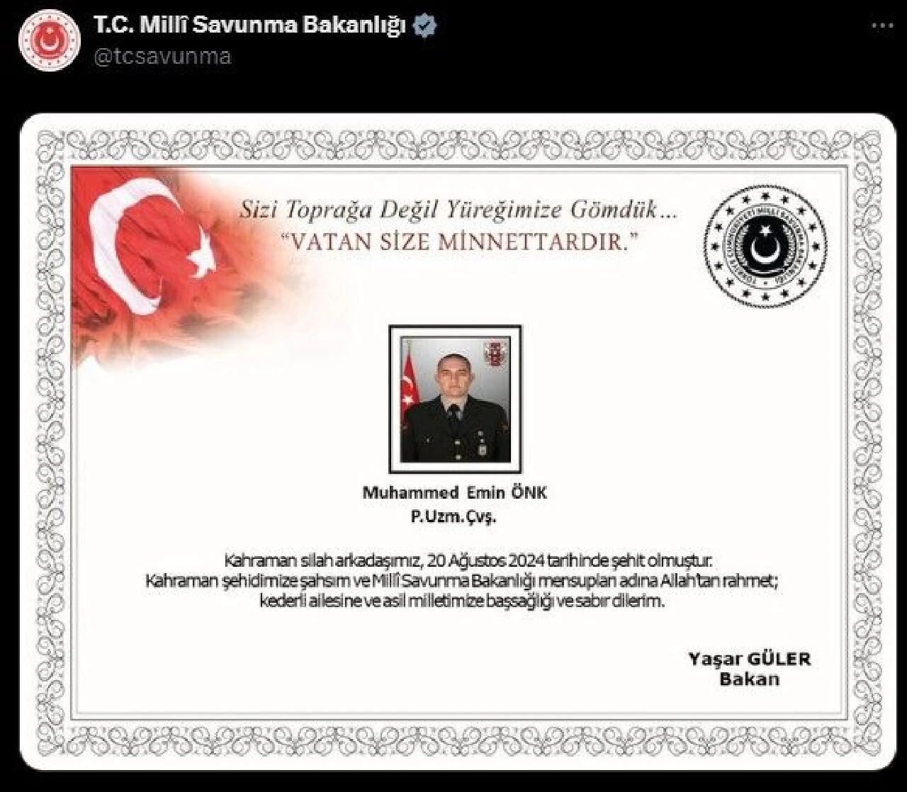 Piyade Uzman Çavuş Muhammed Emin Önk'ün cenazesi bugün toprağa verilecek