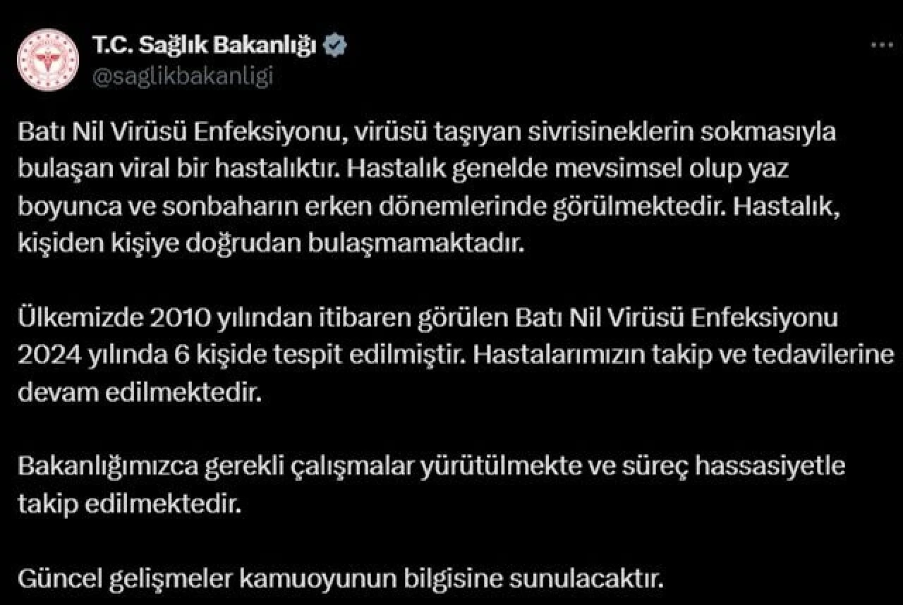 Batı Nil Virüsü, Türkiye'de 2024 yılında 6 kişide görüldü