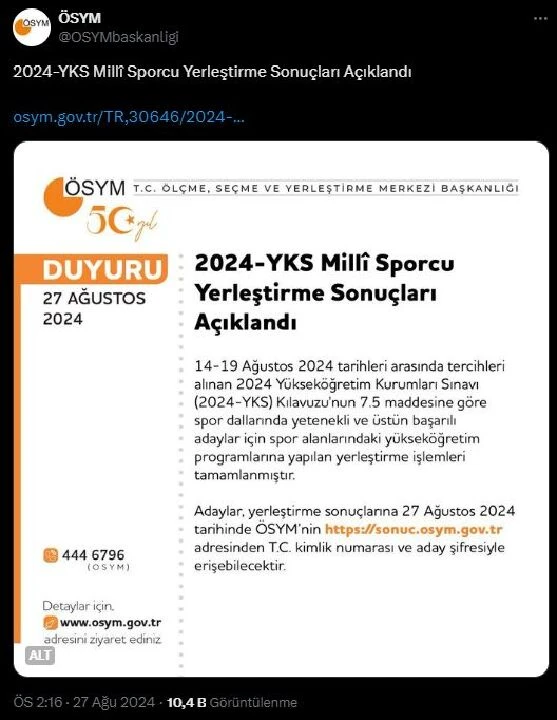 2024 YKS Milli Sporcu yerleştirme sonuçları açıklandı
