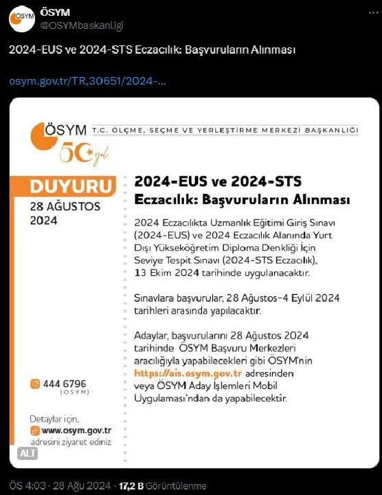 2024 EUS ve STS eczacılık başvuruları 28 Ağustos 4 Eylül tarihlerinde alınacak