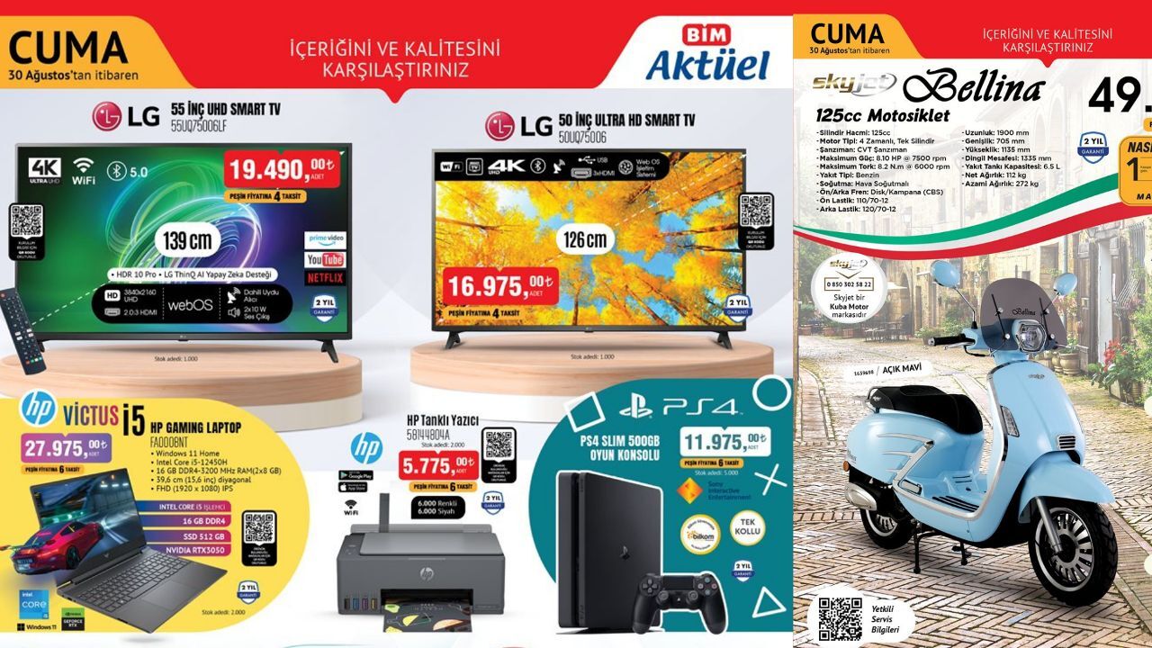 BİM 30 Ağustos aktüel kataloğunda motosiklet, PS4 oyun konsolu, laptop, ankastre set, UHD Smart TV ve termos gibi birçok ürün satışa çıkıyor