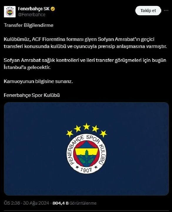 Sofyan Amrabat'ın uçağı bugün saat 16.00'da İstanbul Atatürk Havalimanı'na inecek