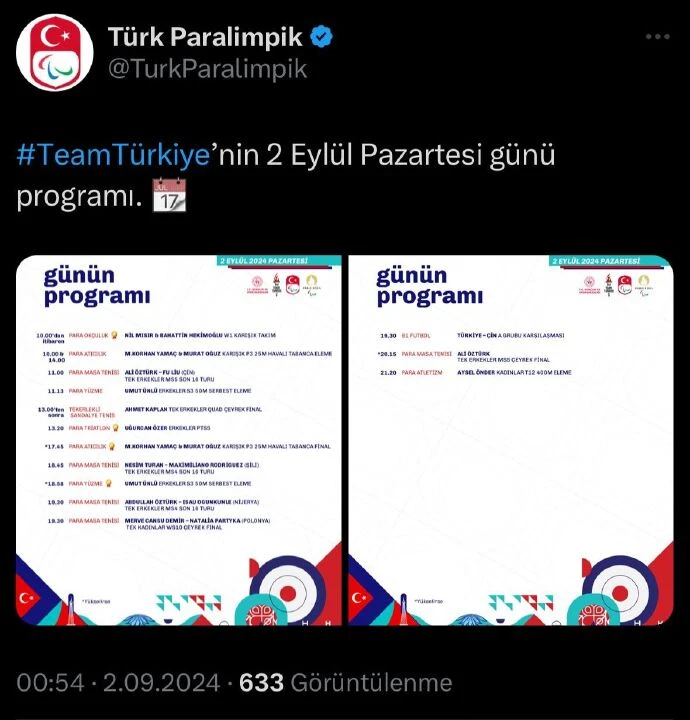 Paralimpik Oyunları 2 Eylül Pazartesi maç programı belli oldu - 4. Resim