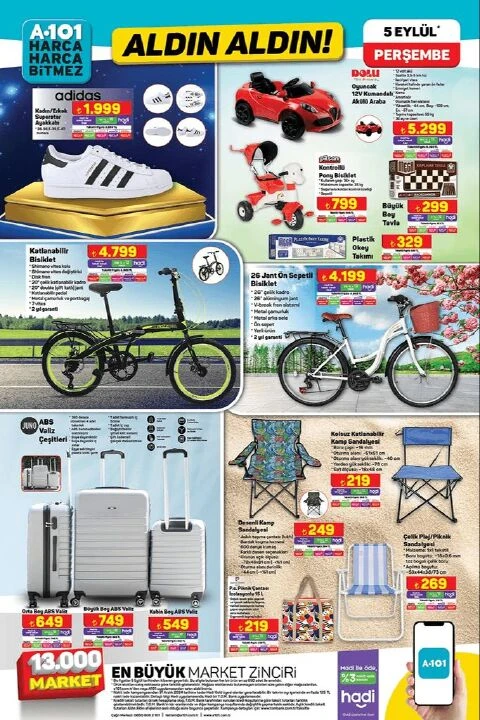 A101 5 Eylül aktüel kataloğunda Adidas ayakkabı, Pierre Cardin saç kurutma makinesi katlanabilir bisiklet, akülü araba gibi birçok ürün yer alıyor - 3. Resim