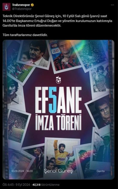 Trabzonspor'da Şenol Güneş'in imza töreni 10 Eylül Salı günü saat 14.00'da Ganita'da yapılacak - 2. Resim