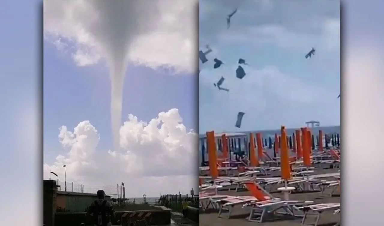 Karaya ulaşan hortum her şeyi gökyüzüne fırlattı! Uçan şezlonglar kameraya böyle yansıdı