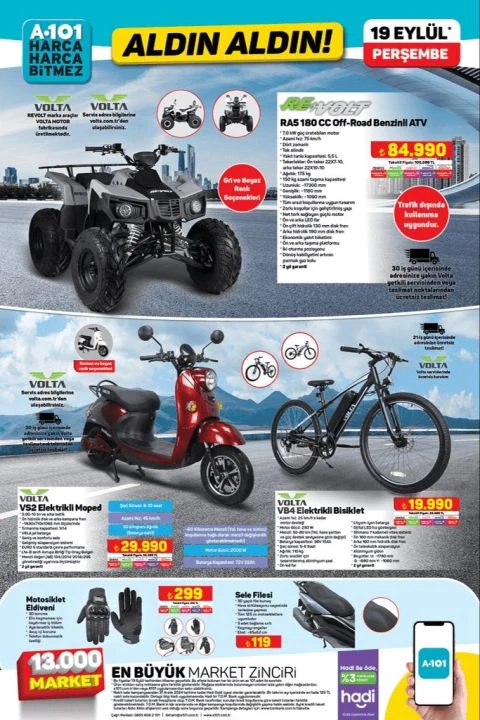 A101 19 Eylül aktüel kataloğunda ATV, moped, Samsung mikrodalga fırın, genç odası, köşe koltuk yer alıyor