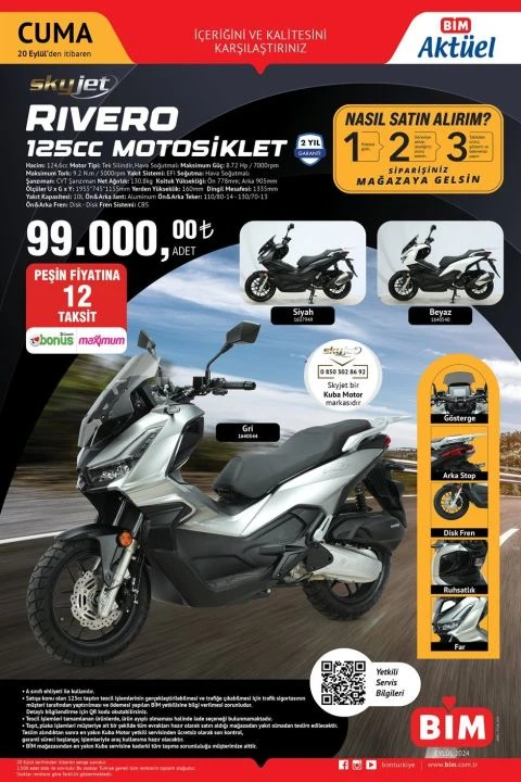 BİM 20 Eylül kataloğu Rivero 125 cc motosiklet, buharlı temizleme cihazı, akülü vidalama seti ve saça boncuk takma seti yer alıyor