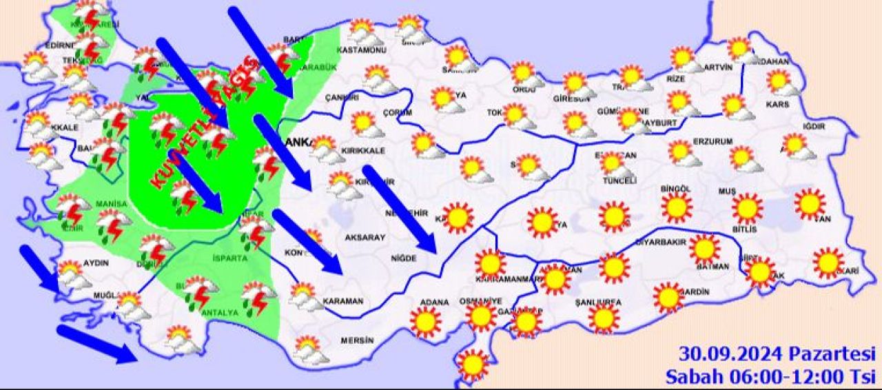 Meteoroloji 30 Eylül 2024 hava durumu raporunu yayımladı: İstanbul dahil 13 ilde sarı alarm! Sıcaklıklar birden düşüyor, şiddetli sağanak geliyor - 1. Resim