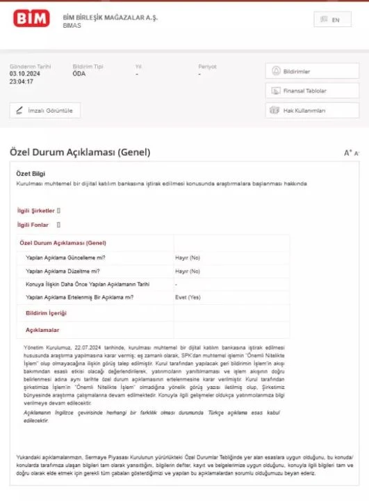 BİM'den dikkat çeken hamle! Banka Kurucak: KAP’a bildirildi - 1. Resim