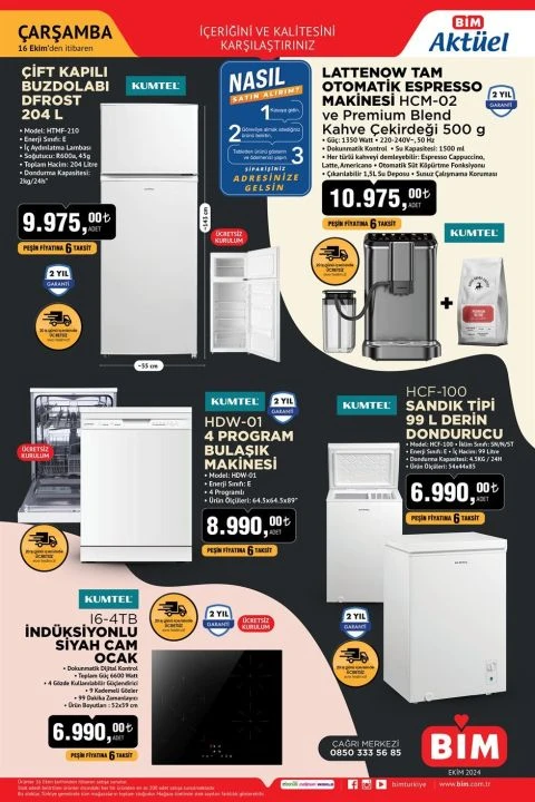 Bim 16 Ekim aktüel kataloğunda tam otomatik espresso makinesi, beyaz eşya çeşitleri, mekik masası ve koşu bandı yer alıyor