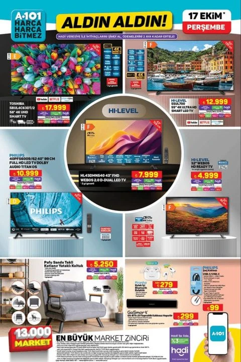 A101 17 Ekim aktüel kataloğunda tekli yataklı koltuk, benzinli jeneratör, termostatlı fırın, filtreli su arıtma cihazı, waffle makinesi ve stand mikser yer alıyor