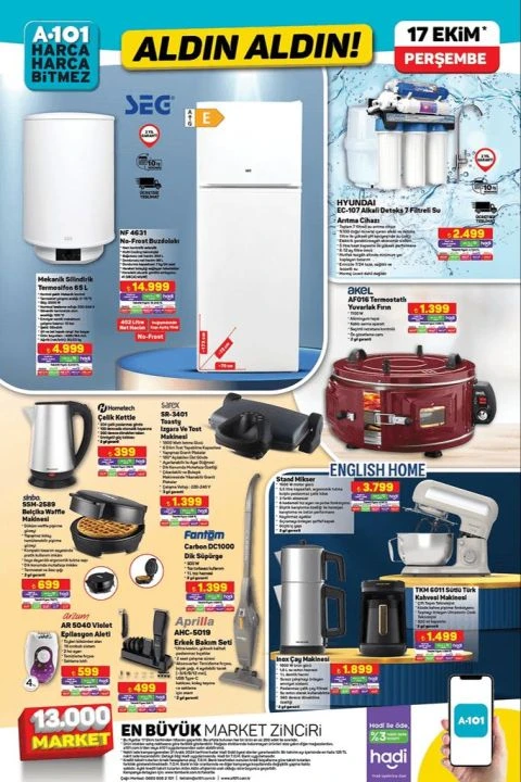 A101 17 Ekim aktüel kataloğunda tekli yataklı koltuk, benzinli jeneratör, termostatlı fırın, filtreli su arıtma cihazı, waffle makinesi ve stand mikser yer alıyor