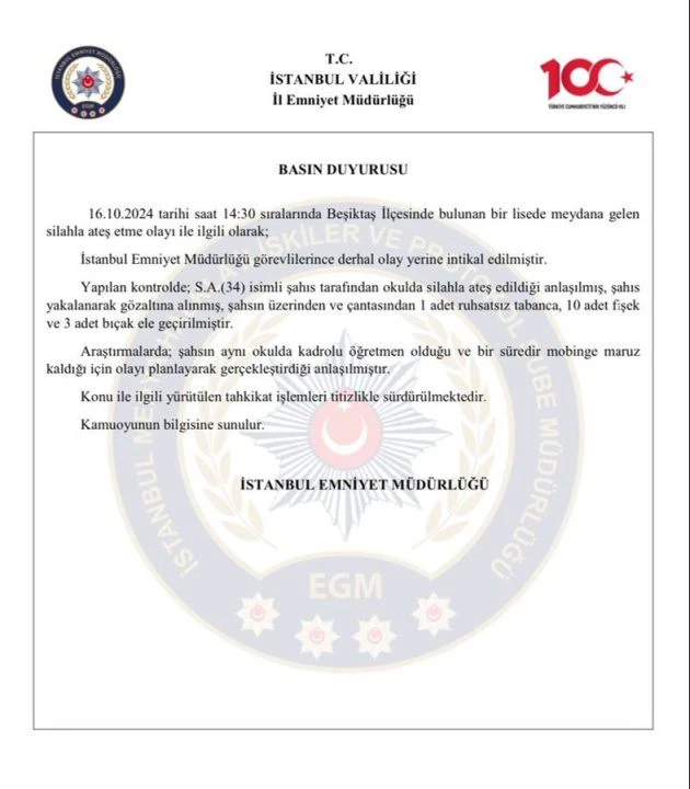 Son dakika |  Etiler'deki okulda dehşet anları!  Öğretmen müdüre silah çekti, okul boşaltıldı