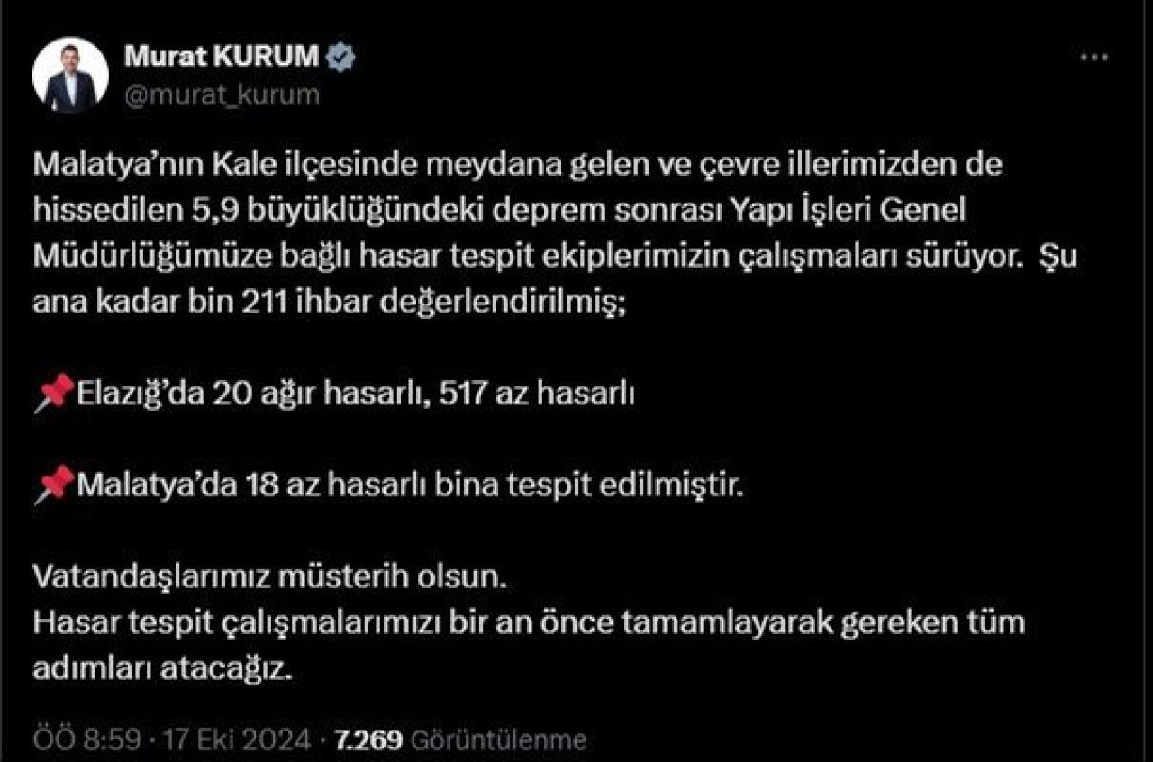 Bakan Kurum, Malatya depremi sonrası hasarlı bina sayısını açıkladı - 1. Resim