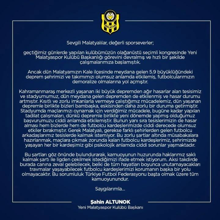 Yeni Malatyaspor neden ligden çekilmek istediğini açıkladı - 1. Resim