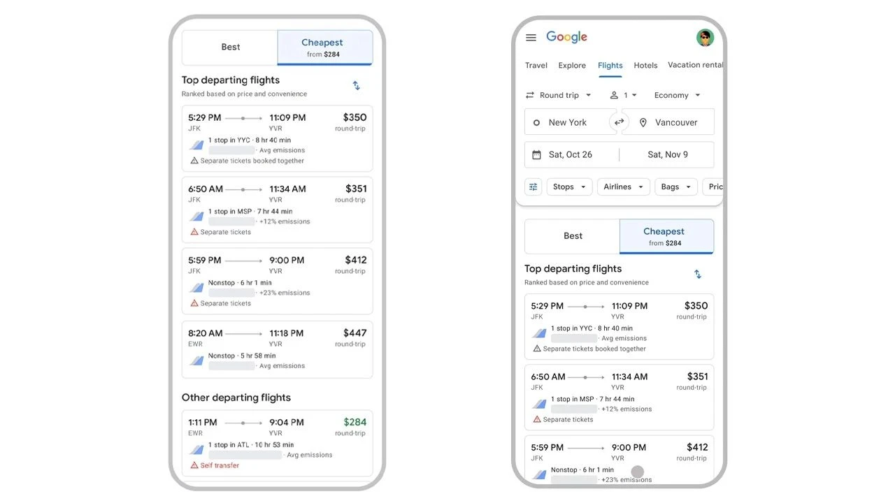 En ucuz uçak biletleri, Google Flights uygulamasında listeleniyor