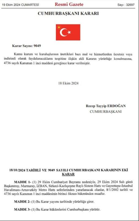 29 Ekim Cumhuriyet Bayramı'nda ücretsiz ulaşım kararı Resmi Gazete'de - 1. Resim