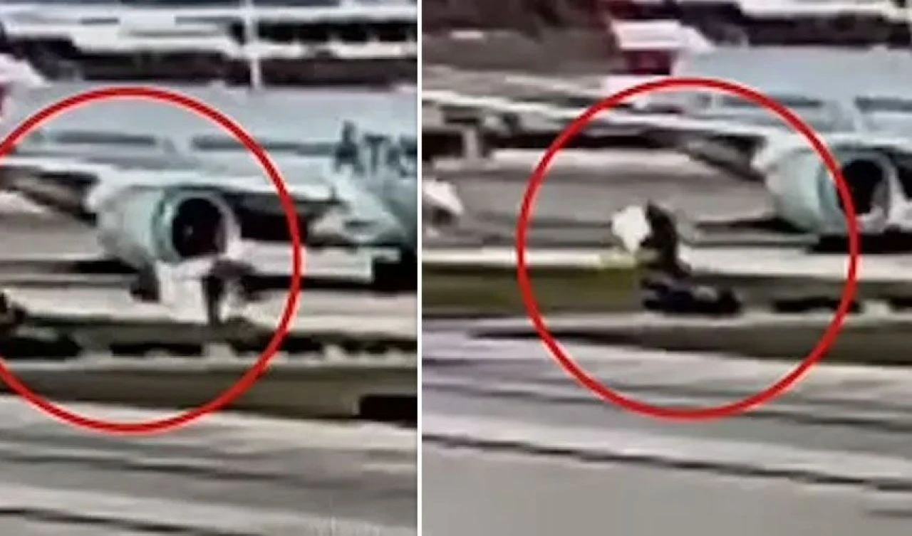 Uçağın motoru bagaj kamyonunu havaya uçurup, içine çekti! Paramparça olduğu anlar kameraya yansıdı