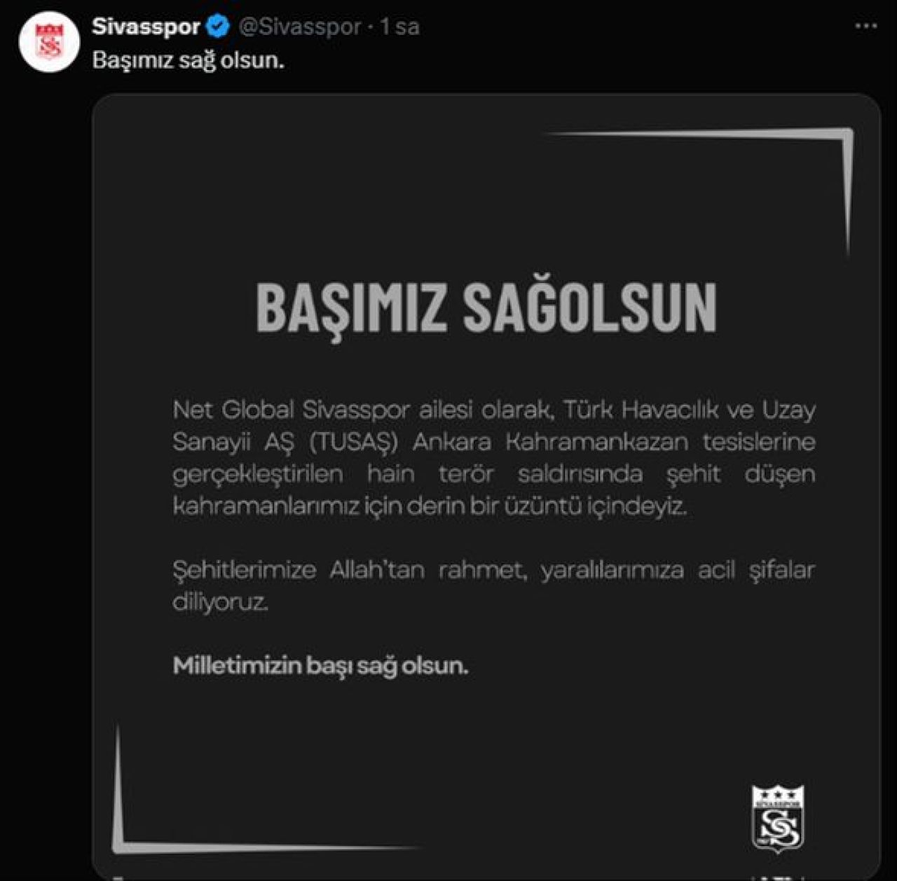 Spor camiası TUSAŞ'a yönelik terör saldırısı için tek yürek oldu! Kınama mesajları peş peşe geldi - 6. Resim