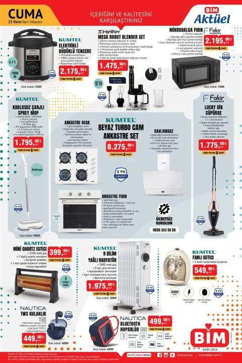 BİM 25 Ekim aktüel kataloğunda Fakir buharlı ütü, 4’lü çeyiz seti, Samsung Galaxy telefon, elektrikli düdüklü tencere, ısıtıcı ve olta seti gibi birçok ürün yer alıyor