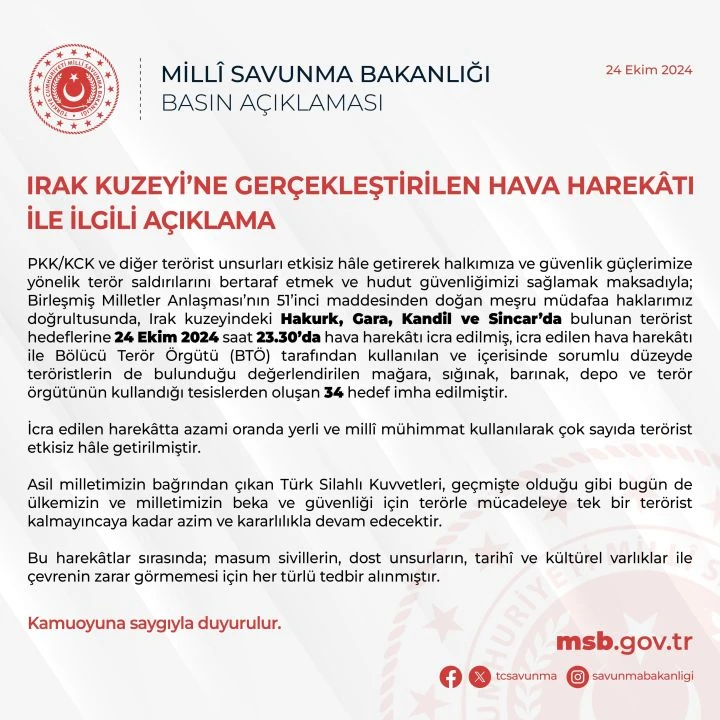 Son dakika | TSK, Irak'ın kuzeyinde PKK hedeflerine bomba yağdırdı: 34 hedef imha edildi - 1. Resim