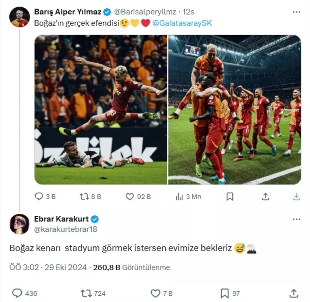 Derbi sonrası paylaşım yapan Barış Alper'e Ebrar Karakurt'tan sürpriz cevap - 1. Resim
