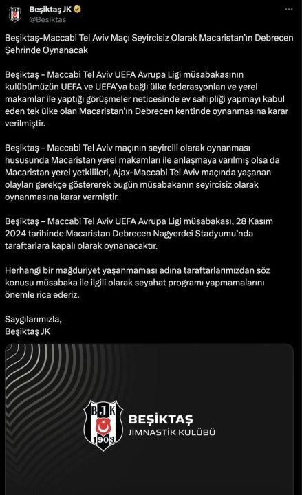 Son dakika | Beşiktaş - Maccabi Tel Aviv maçı seyircisiz olarak Macaristan'da oynanacak - 1. Resim