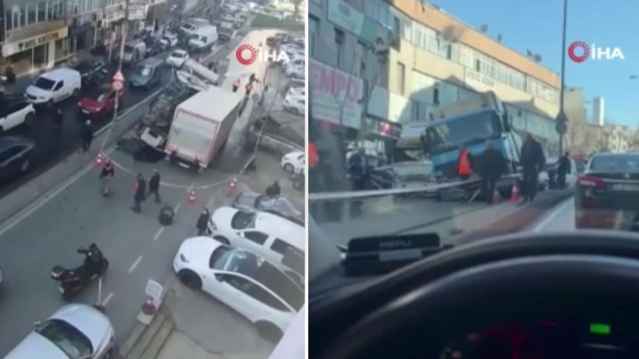 Güngören'de yol çöktü! 2 kamyon çukura düştü, cadde araç trafiğine kapatıldı