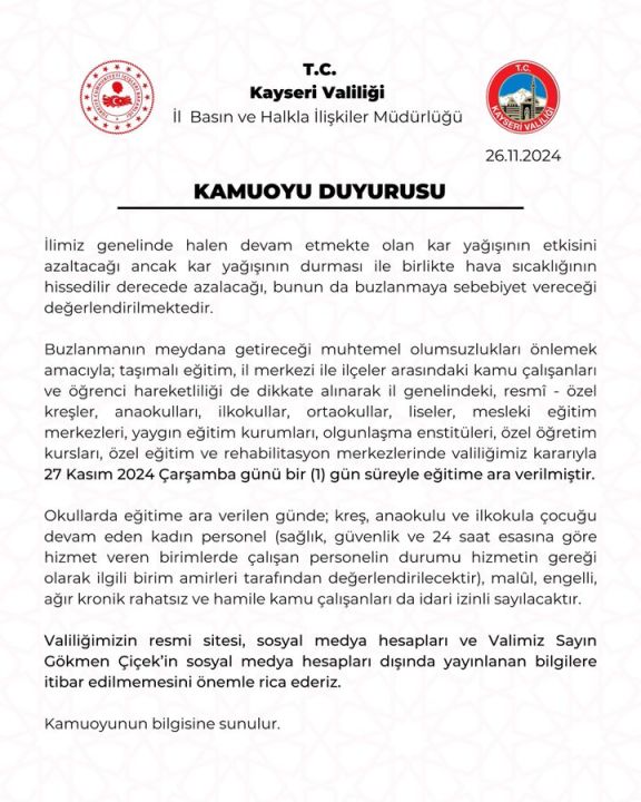 Kayseri'de yarın okullar tatil mi 27 Kasım? Valilikten açıklama geldi - 2. Resim