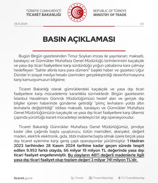 Ticaret Bakanlığı'ndan 'Sahte altınla kara para dümeni' haberlerine yalanlama!  - 1. Resim