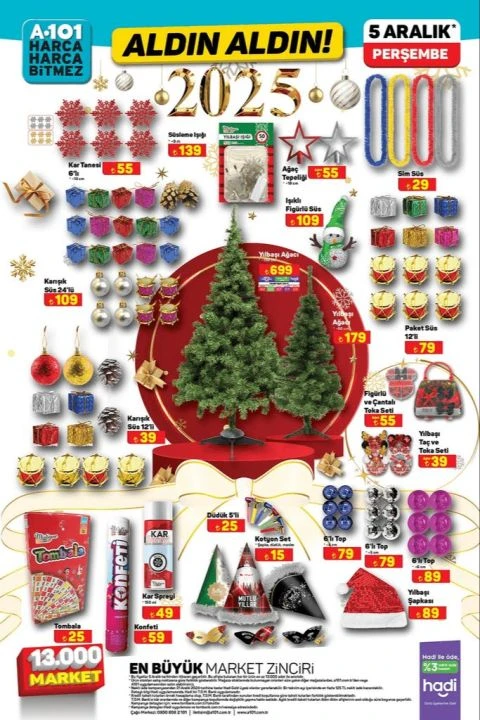 A101 Marketlerde yılbaşı rüzgarı esiyor! 5 Aralık aktüel kataloğunda çam ağacı, tombala, ağaç süsü, katı meyve sıkacağı ve mikrodalga fırın gibi birçok ürün yer alıyor - 1. Resim