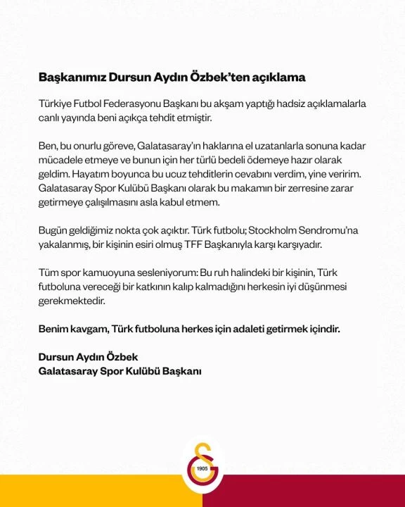 Galatasaray'dan TFF Başkanı Hacıosmanoğlu'na bir yanıt daha: "Türk futbolu bir kişinin esiri oldu!"