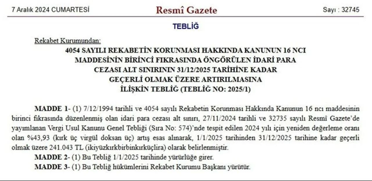 Resmi Gazete’de yayımlandı: Rekabet Kurumu asgari ceza tutarında artış
