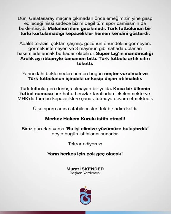 Galatasaray - Trabzonspor maçının yankıları sürüyor! İstifaya çağırdılar: "Ülkenin futbol namusu lekeleniyor" - 1. Resim