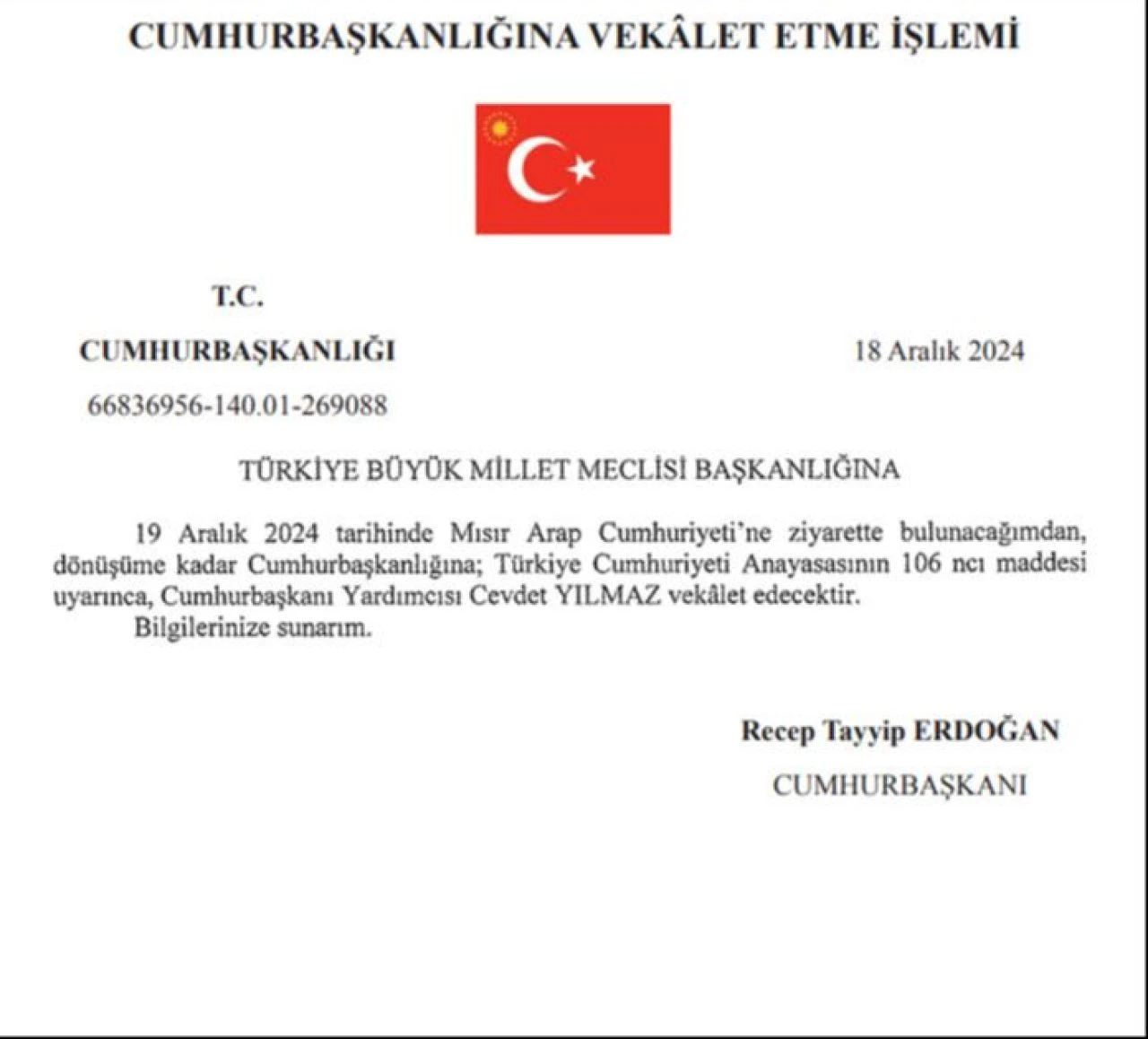 Cumhurbaşkanlığına Cevdet Yılmaz vekalet edecek! Karar Resmi Gazete’de - 1. Resim