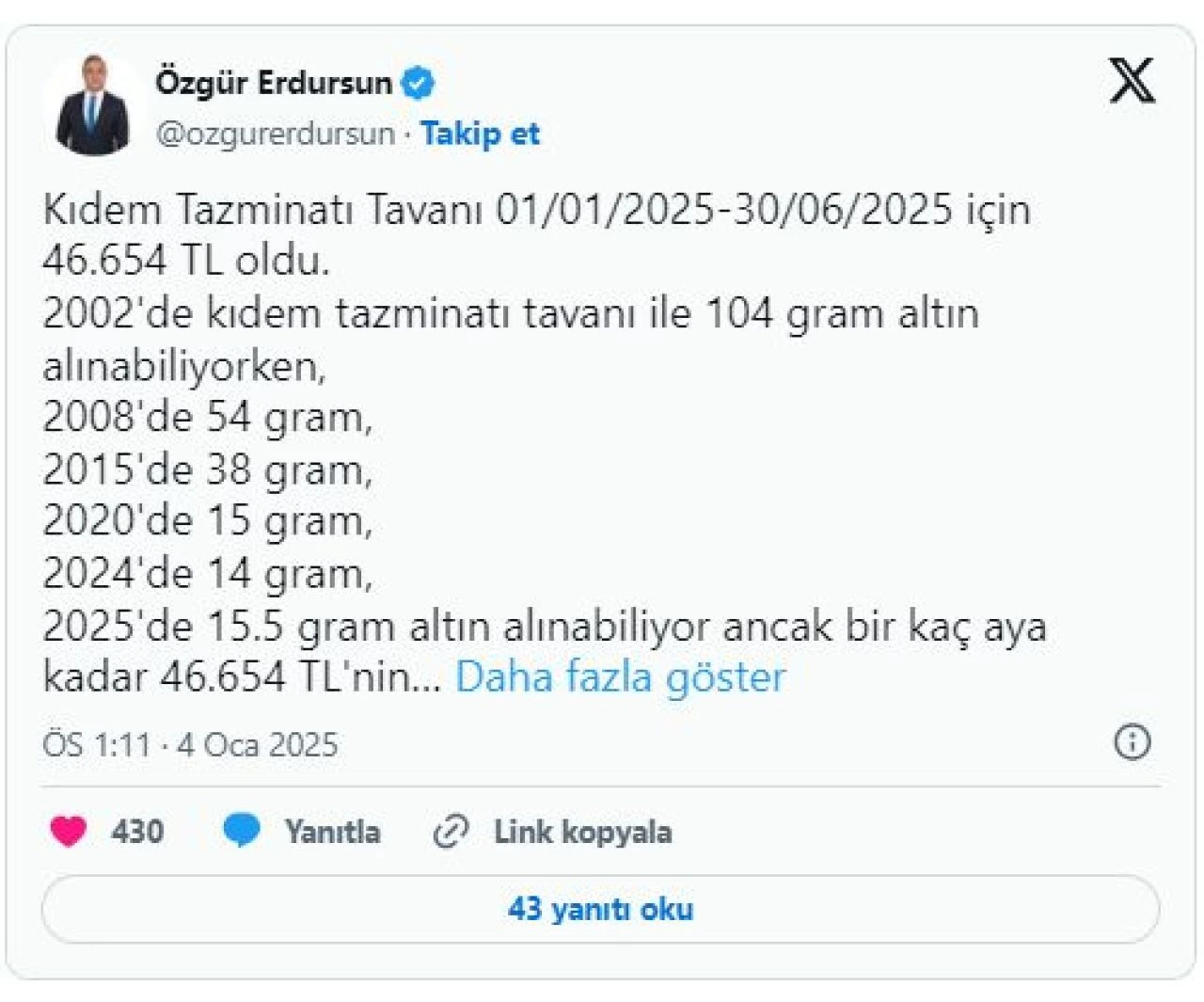 Kıdem tazminatı ile yıl yıl altın hesabı yaptı! Özgür Erdursun açıkladı: Resmen gram gram tükendi - 2. Resim