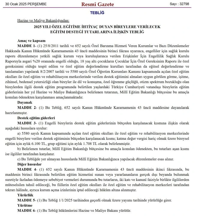 Engellilere yönelik eğitim desteği artırıldı! Resmi Gazete'de yayımlandı: Aylık 6.100 TL