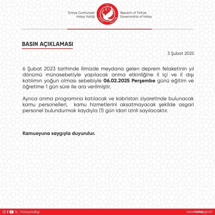 6 Şubat Hatay'da okullar tatil mi? Valilik açıkladı - 1. Resim