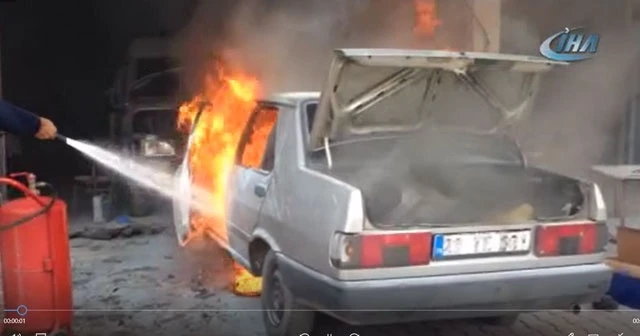 Kaynak yapılan otomobil cayır cayır yandı