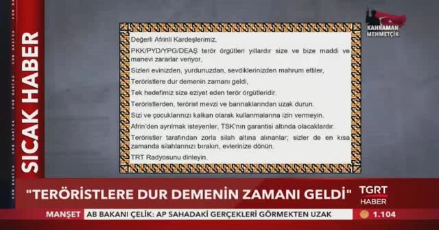 TSK, Afrin'e havadan bildiri attı